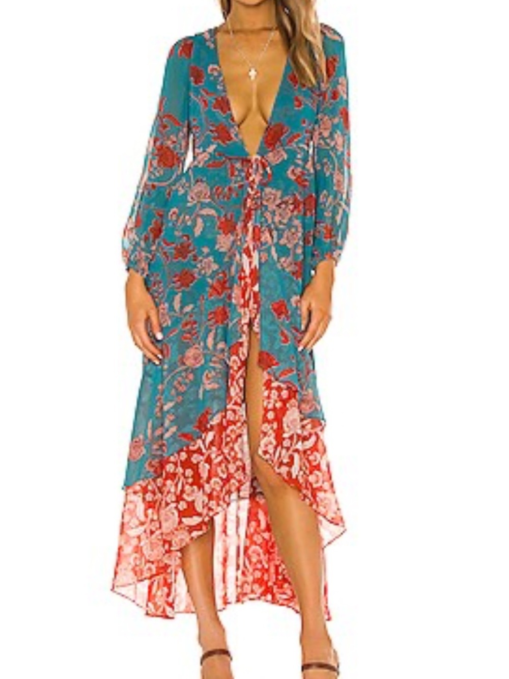 MISA Los Angeles Talitha Maxi Robe Dress featuring a turquoise floral print